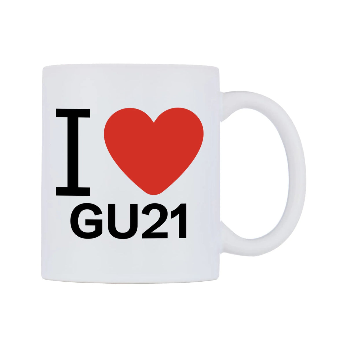 I Love GU21 Mug — white 11oz gloss mug, left side, on a white background