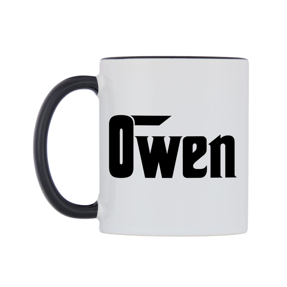 Owen - Godfather Themed Mug — white 11oz gloss mug with a black inside and handle, right side, on a white background