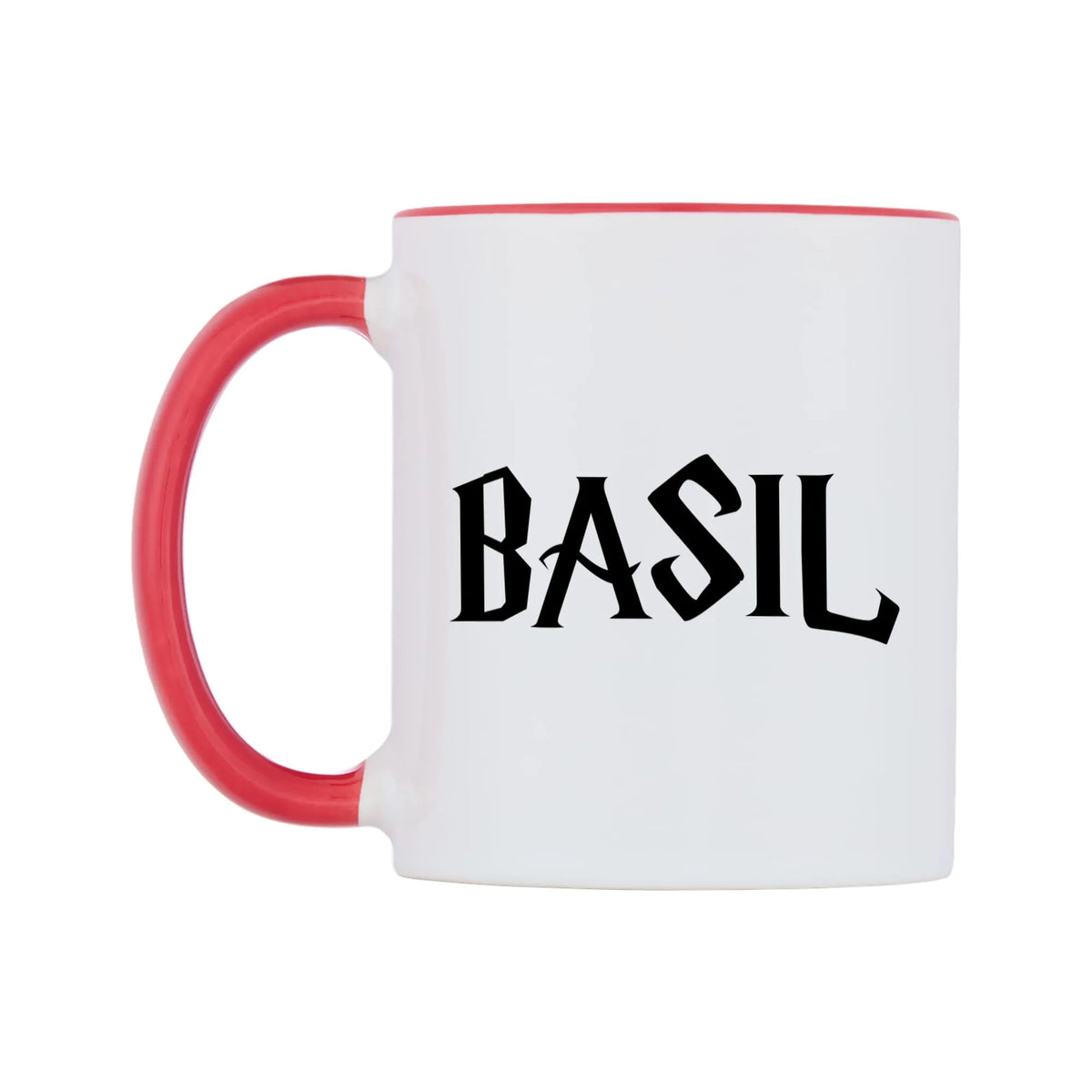 Basil - Wizard Themed Mug — white 11oz gloss mug with a red inside and handle, right side, on a white background