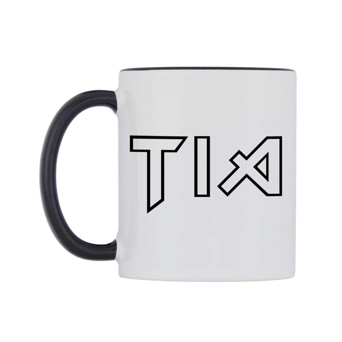 Tia - Iron Maiden Themed Mug — white 11oz gloss mug with a black inside and handle, right side, on a white background