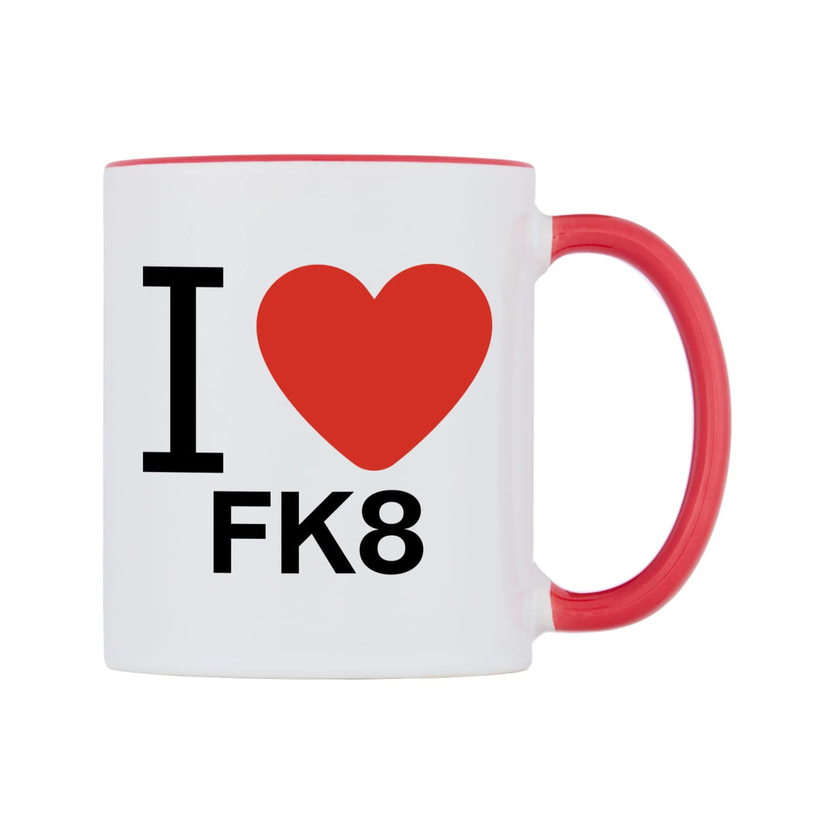 I Love FK8 Mug — white 11oz gloss mug with a red inside and handle, left side, on a white background