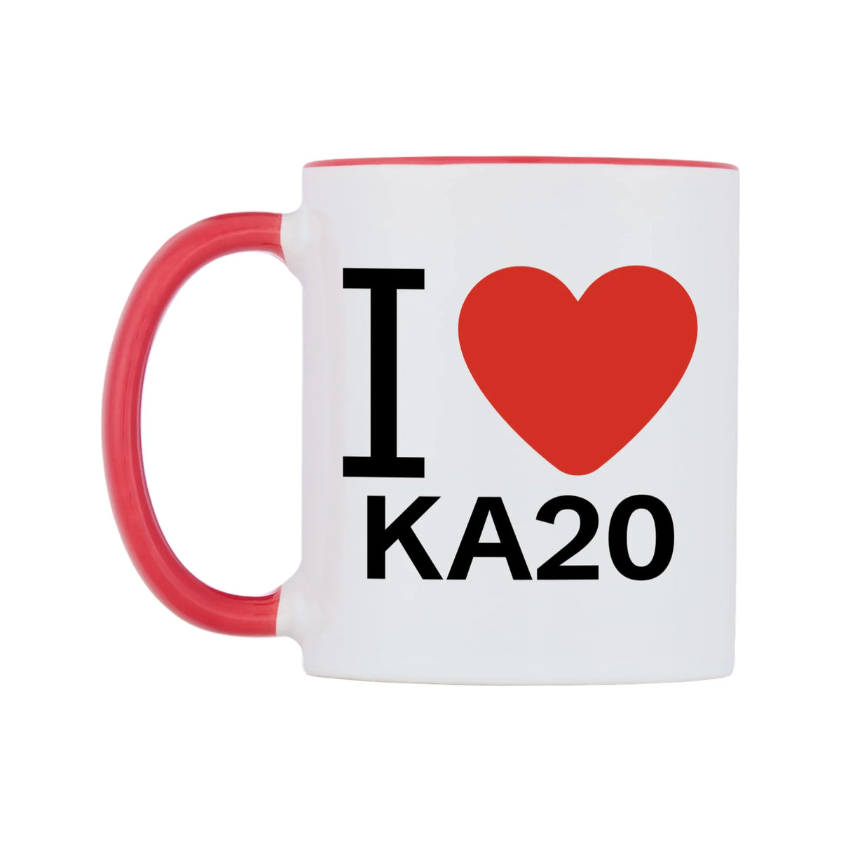 I Love KA20 Mug — white 11oz gloss mug with a red inside and handle, right side, on a white background