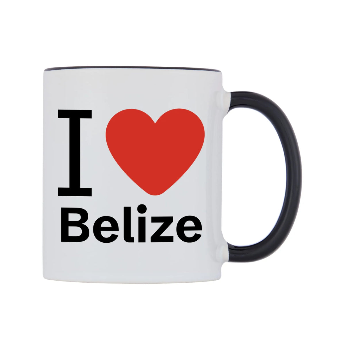I Love Belize Mug — white 11oz gloss mug with a black inside and handle, left side, on a white background