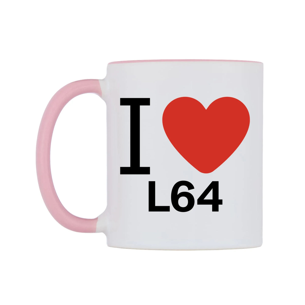 I Love L64 Mug — white 11oz gloss mug with a pink inside and handle, right side, on a white background