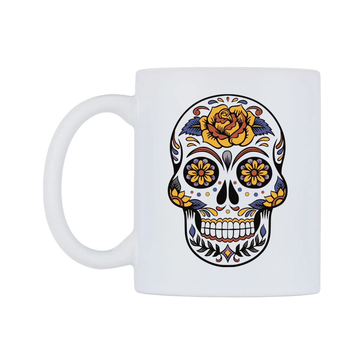 Colour Flower Skull Mug — white 11oz gloss mug, right side, on a white background
