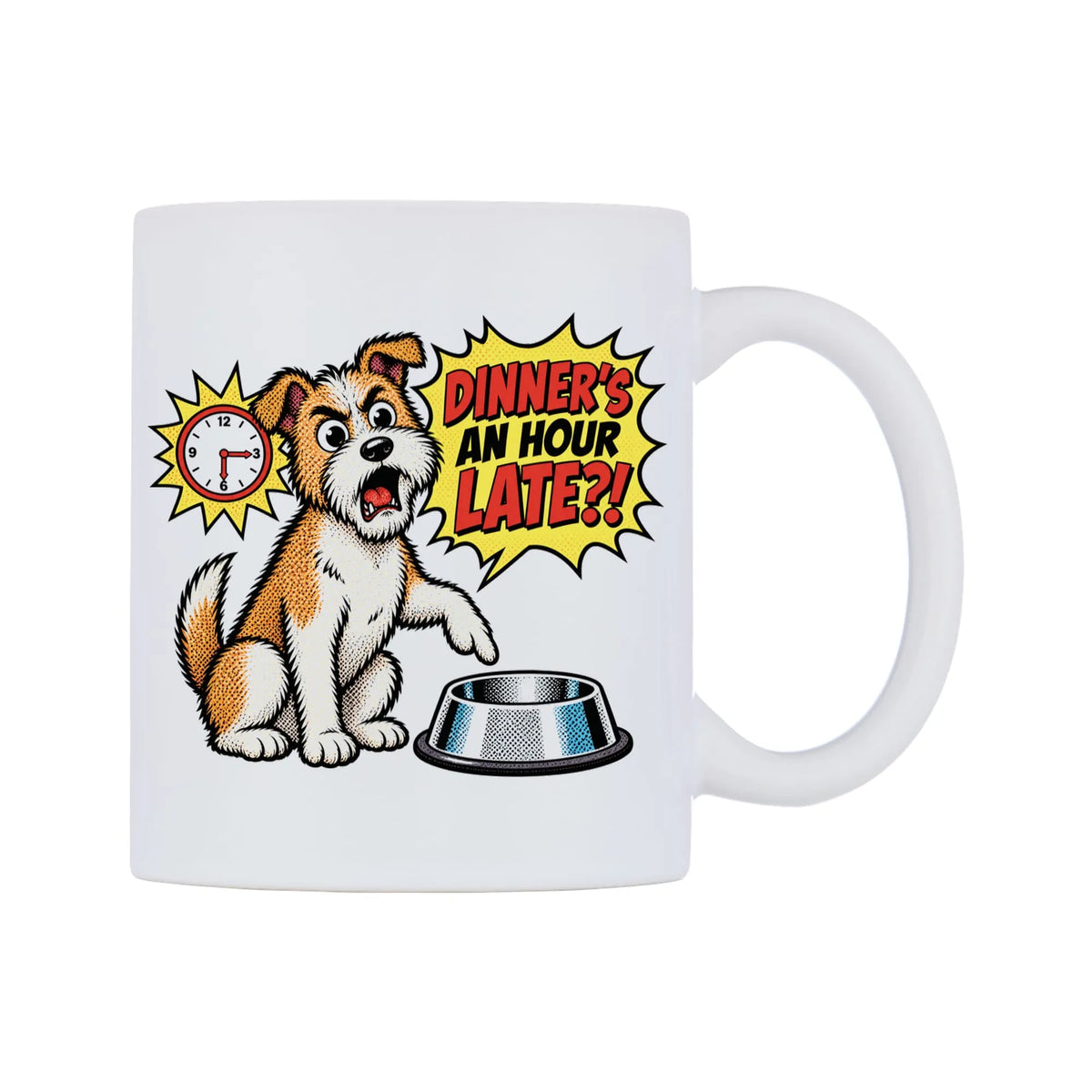 Dinner's An Hour Late Dog Mug — mug, left side, on a white background