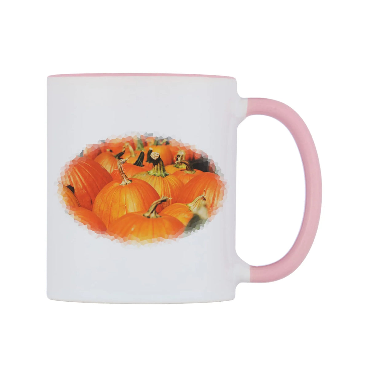 Pumpkins Field Mug — white 11oz gloss mug with a pink inside and handle, left side, on a white background