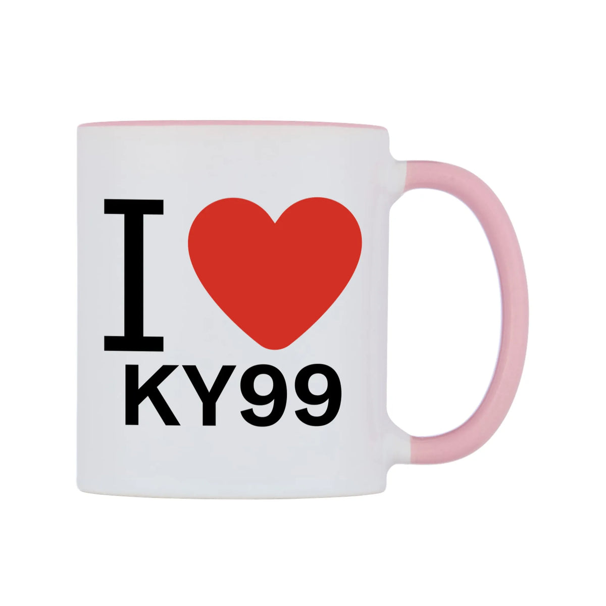I Love KY99 Mug — white 11oz gloss mug with a pink inside and handle, left side, on a white background