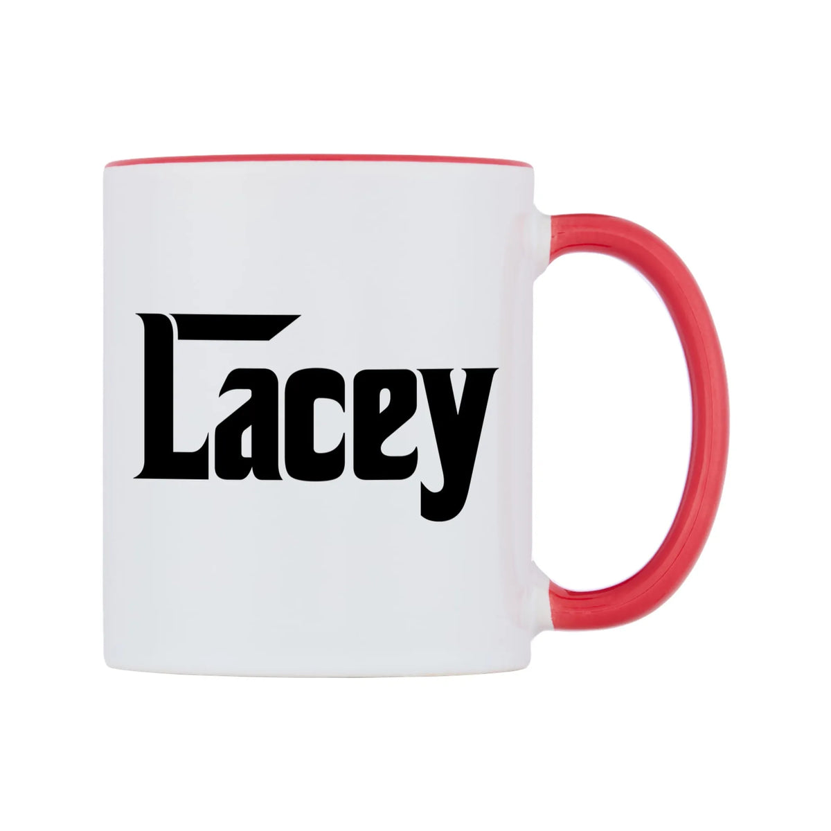 Lacey - Godfather Themed Mug — white 11oz gloss mug with a red inside and handle, left side, on a white background