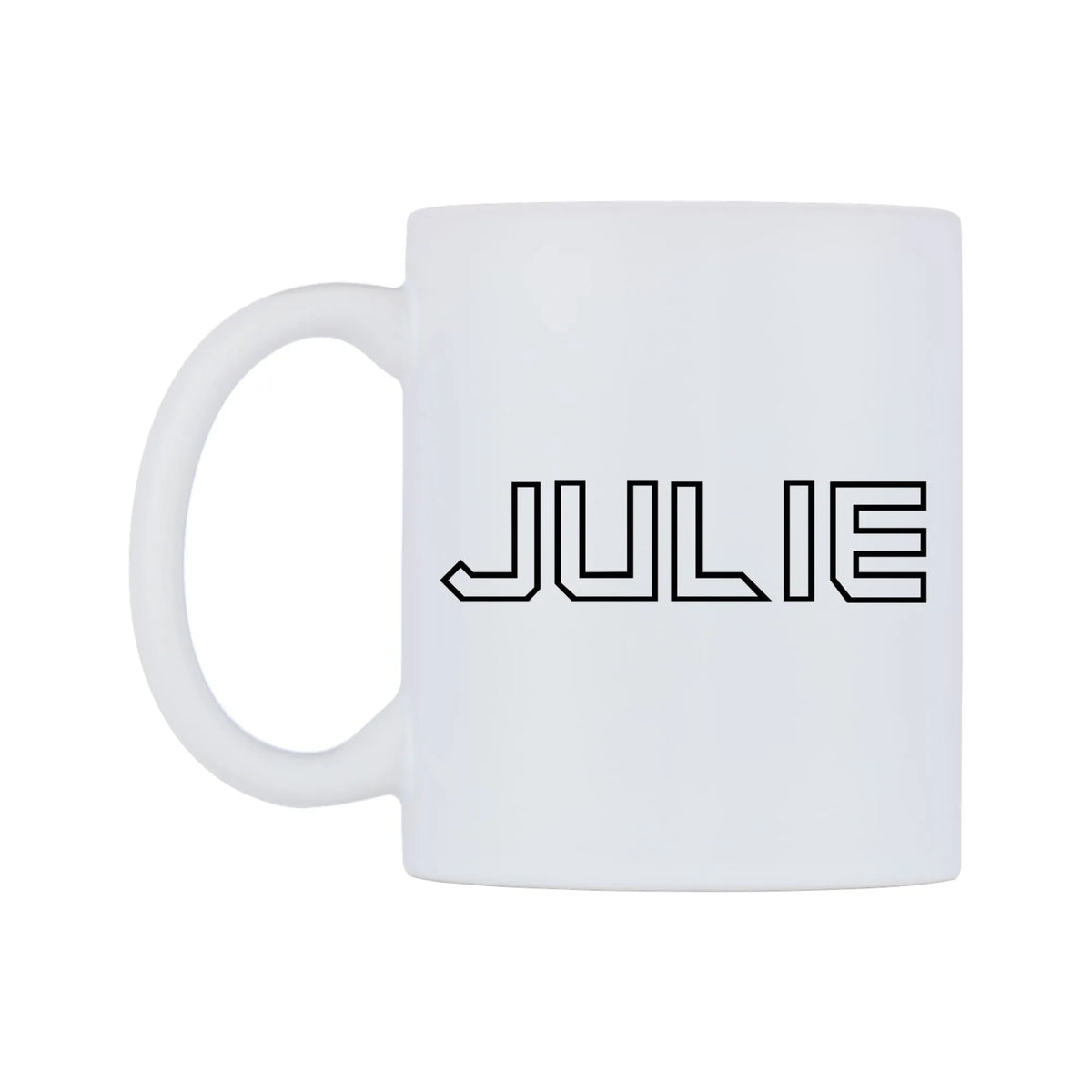 Julie - Iron Maiden Themed Mug — white 11oz gloss mug, right side, on a white background