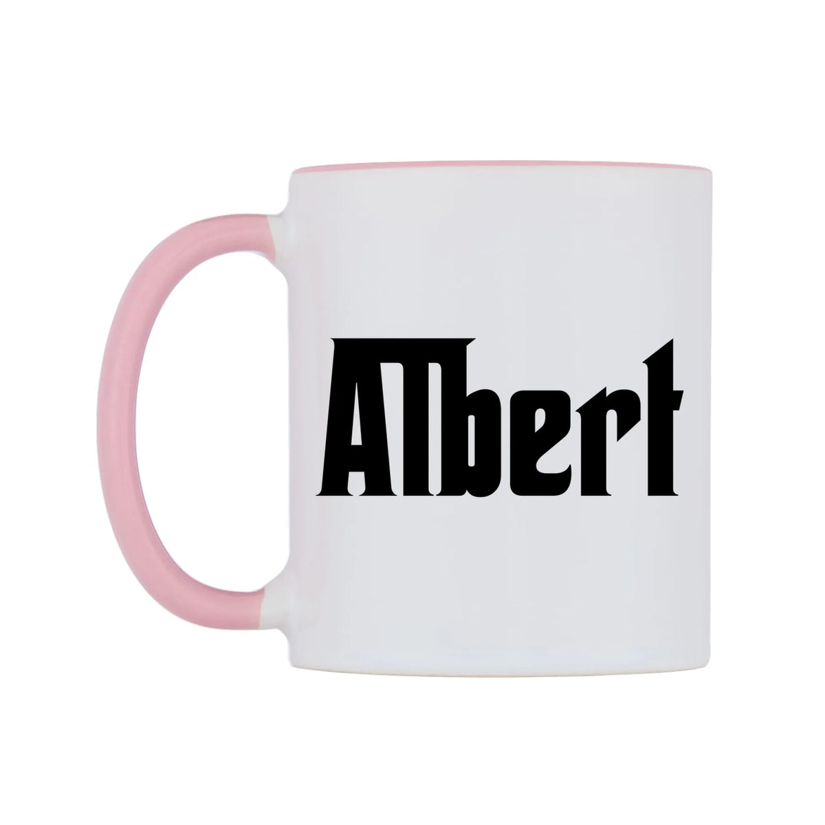 Albert - Godfather Themed Mug — white 11oz gloss mug with a pink inside and handle, right side, on a white background