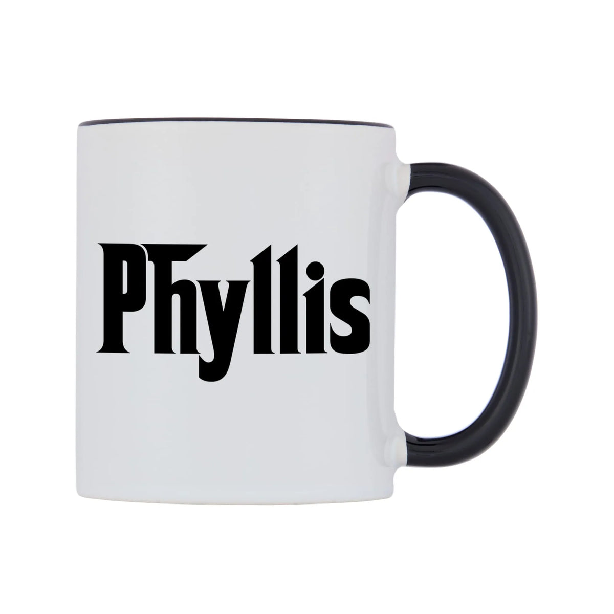 Phyllis - Godfather Themed Mug — white 11oz gloss mug with a black inside and handle, left side, on a white background