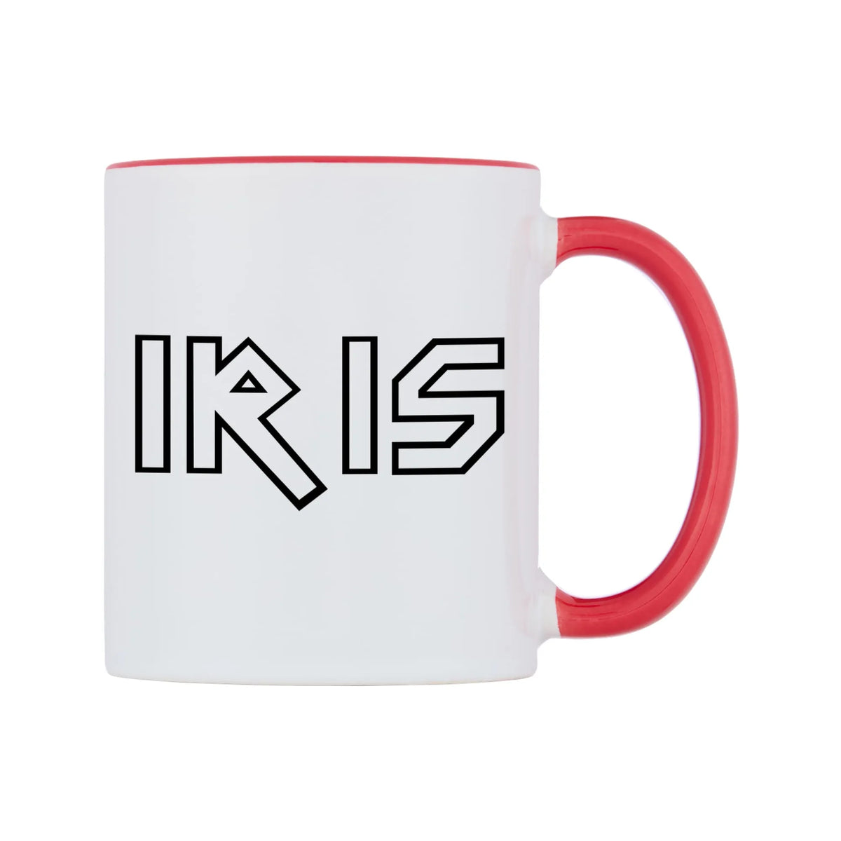 Iris - Iron Maiden Themed Mug — white 11oz gloss mug with a red inside and handle, left side, on a white background