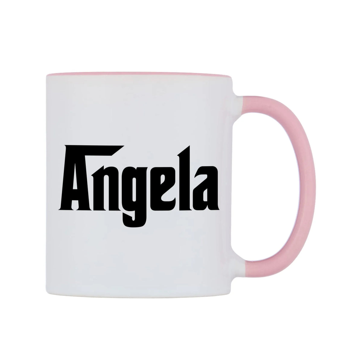 Angela - Godfather Themed Mug — white 11oz gloss mug with a pink inside and handle, left side, on a white background