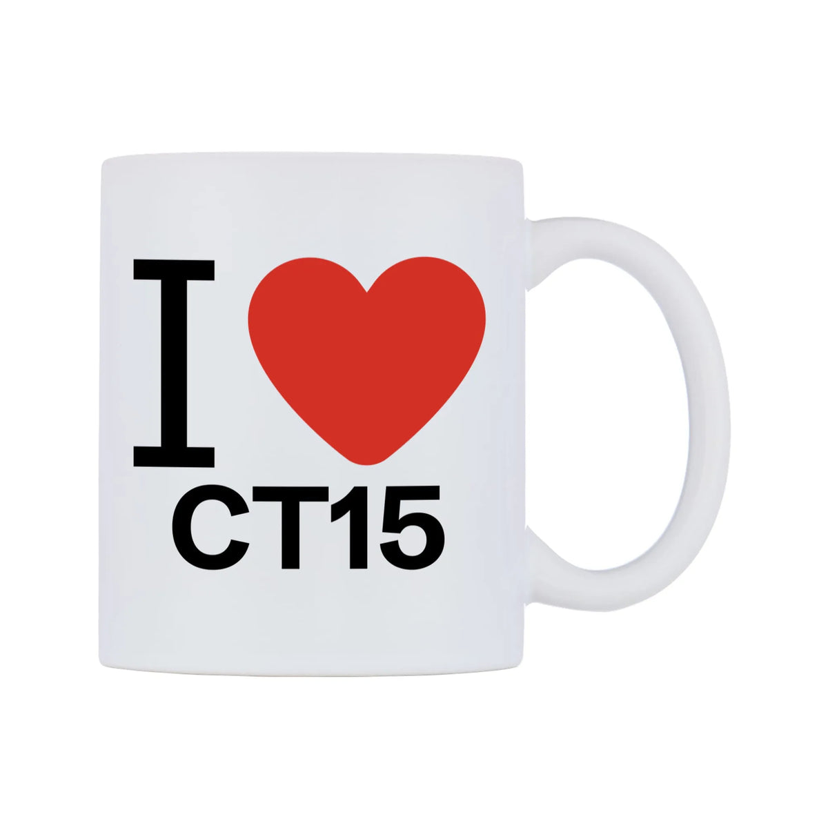 I Love CT15 Mug — white 11oz gloss mug, left side, on a white background