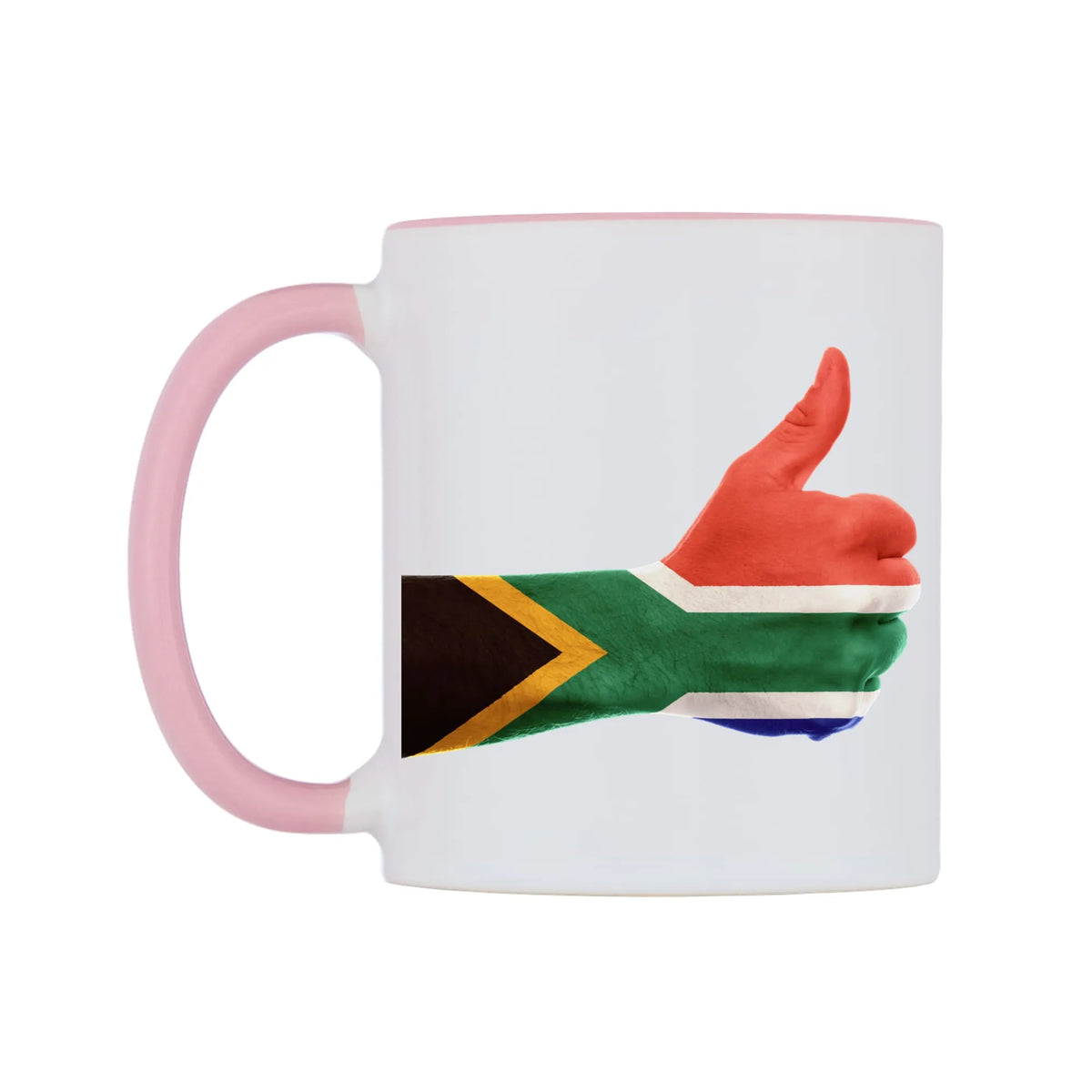 South Africa Thumbs up Flag Mug — white 11oz gloss mug with a pink inside and handle, right side, on a white background