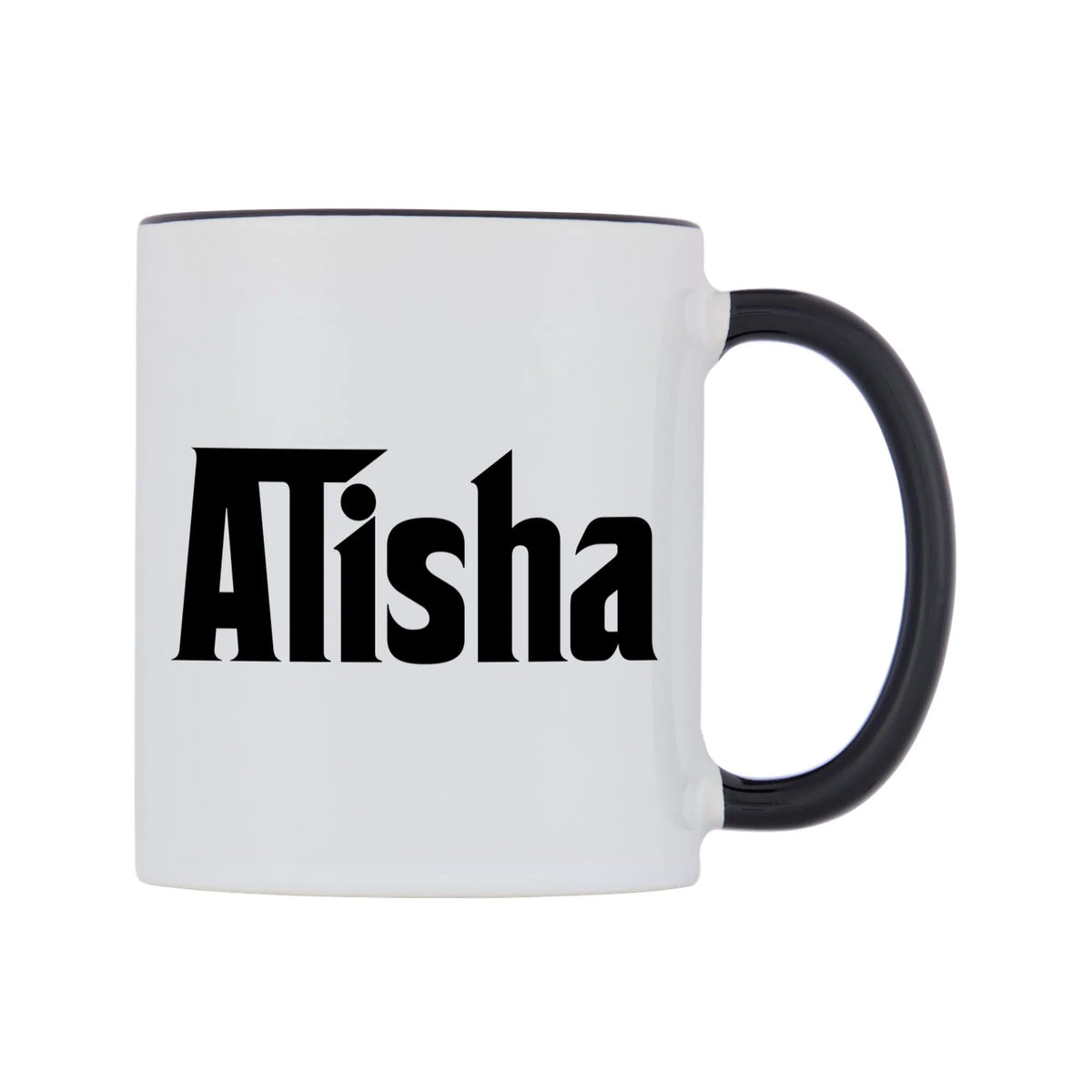 Alisha - Godfather Themed Mug — white 11oz gloss mug with a black inside and handle, left side, on a white background