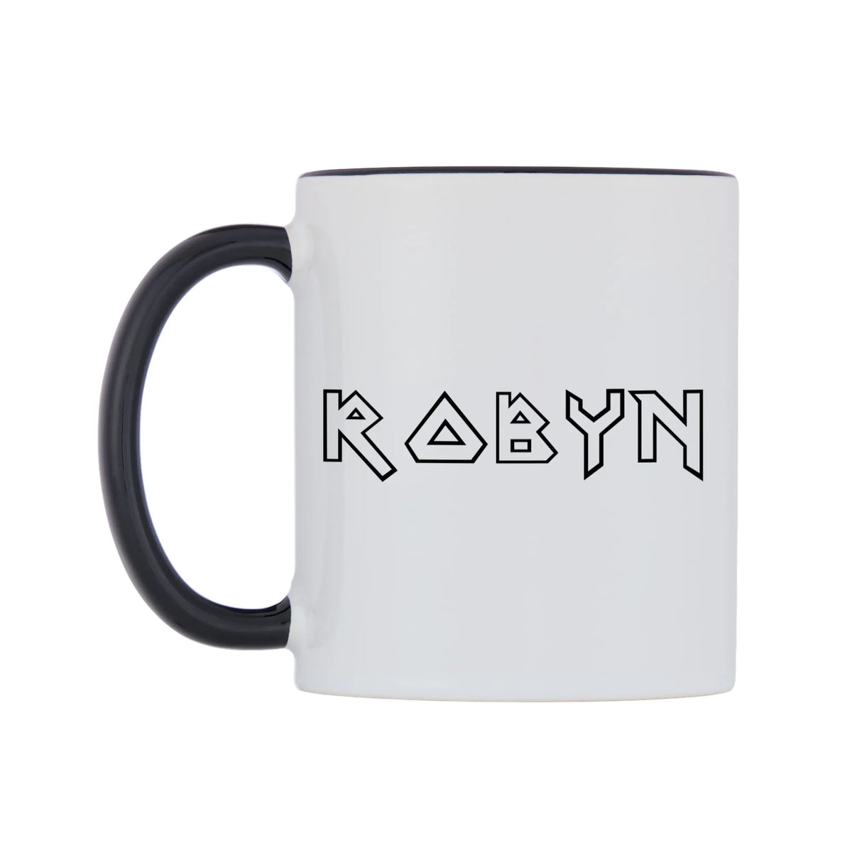 Robyn - Iron Maiden Themed Mug — white 11oz gloss mug with a black inside and handle, right side, on a white background