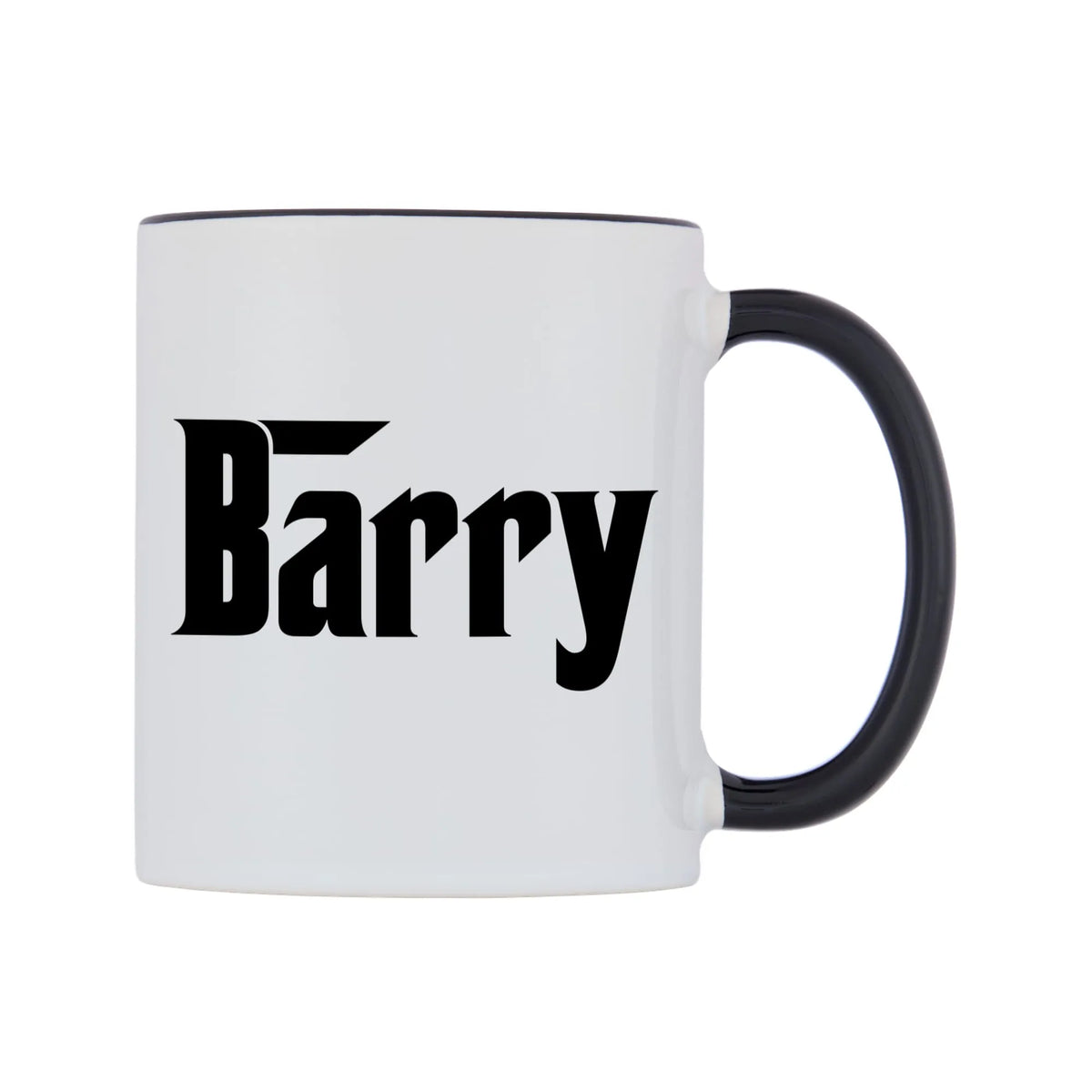 Barry - Godfather Themed Mug — white 11oz gloss mug with a black inside and handle, left side, on a white background