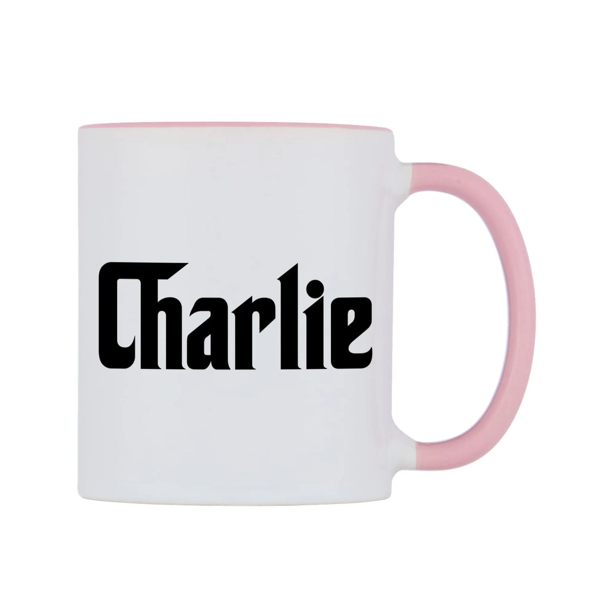 Charlie - Godfather Themed Mug — white 11oz gloss mug with a pink inside and handle, left side, on a white background