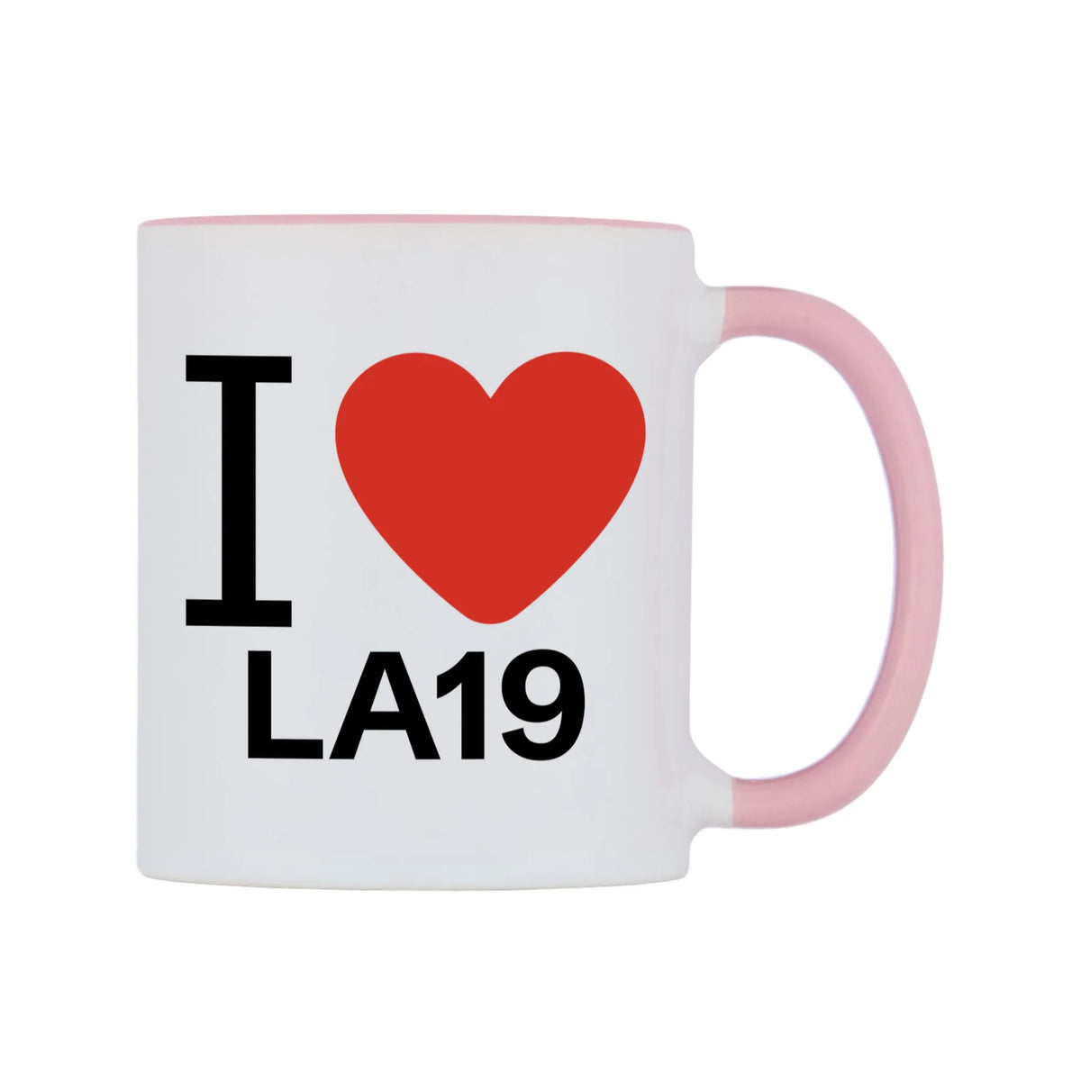 I Love LA19 Mug — white 11oz gloss mug with a pink inside and handle, left side, on a white background