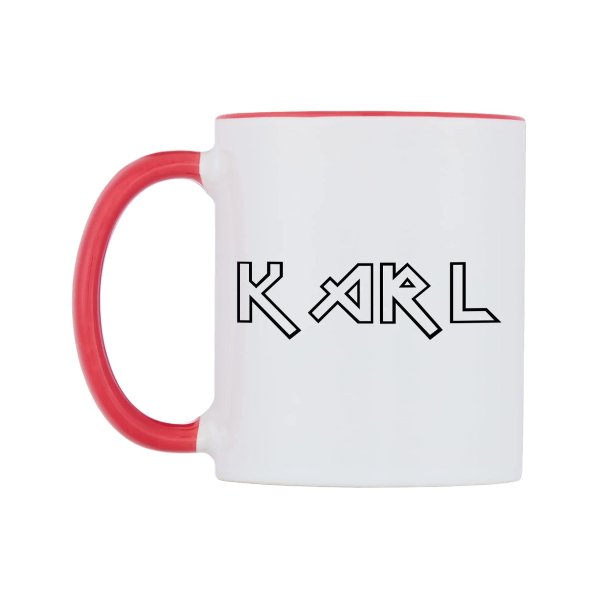 Karl - Iron Maiden Themed Mug — white 11oz gloss mug with a red inside and handle, right side, on a white background
