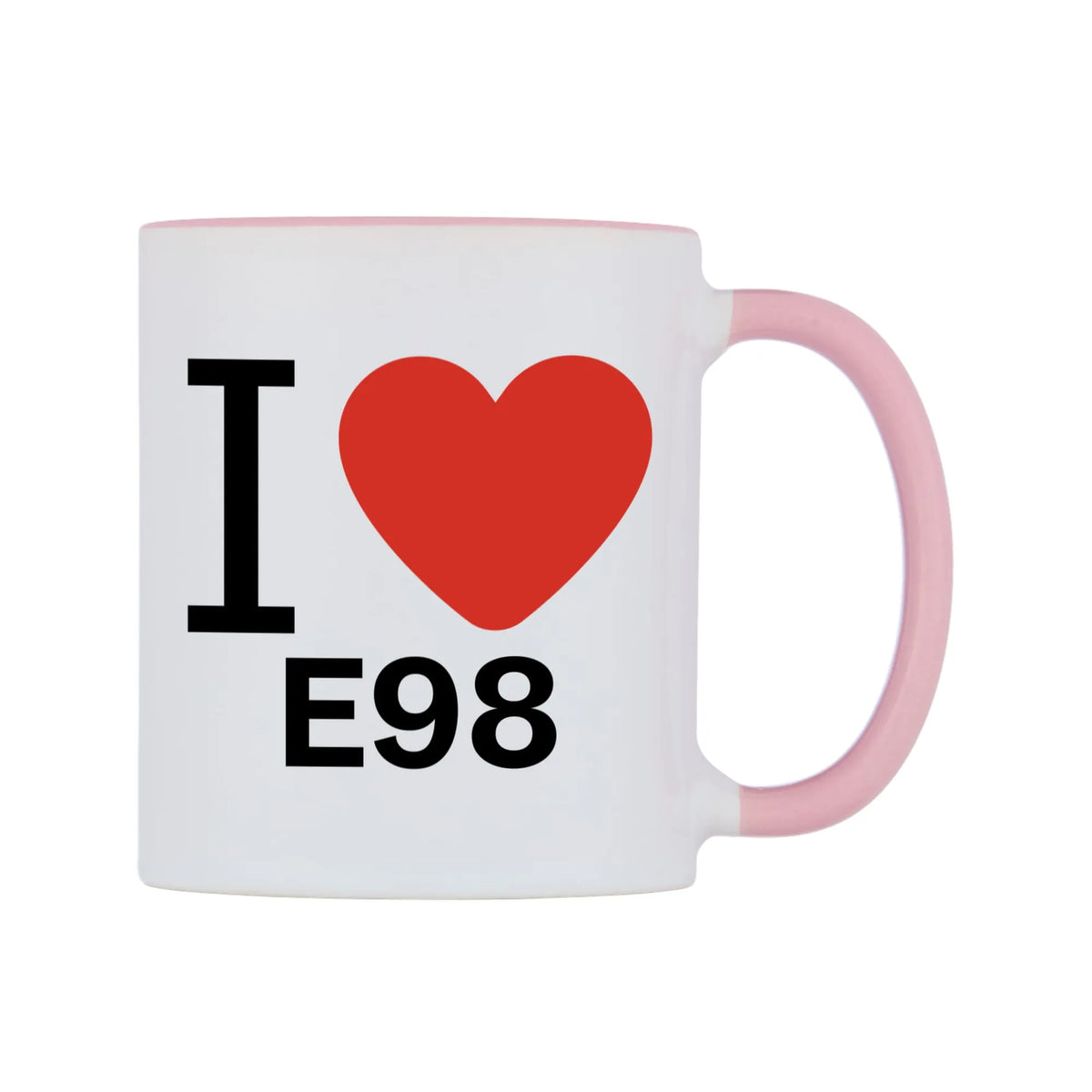 I Love E98 Mug — white 11oz gloss mug with a pink inside and handle, left side, on a white background