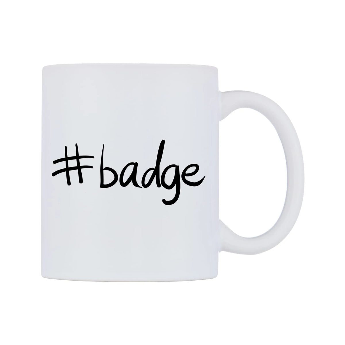 badge Mug — mug, left side, on a white background