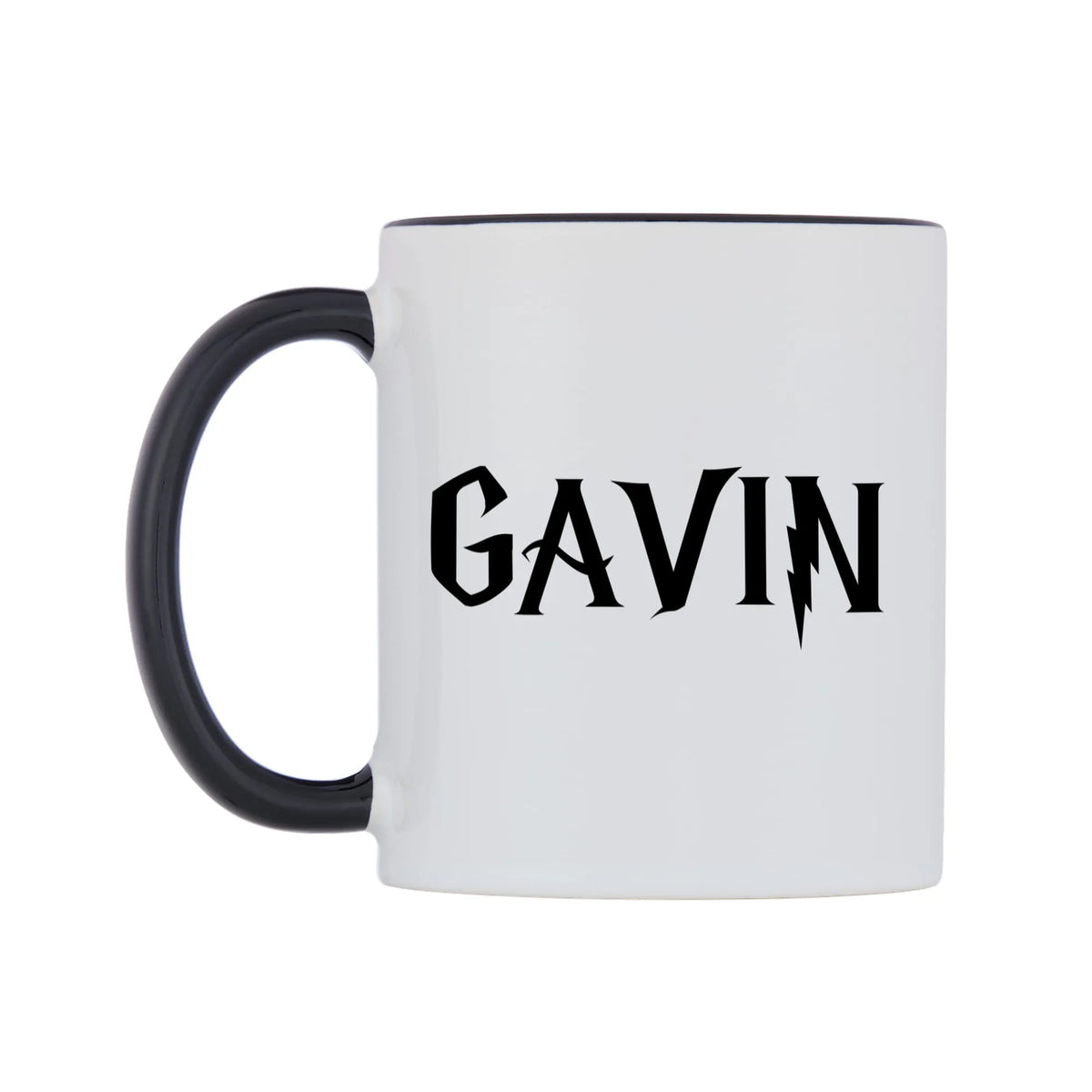 Gavin - Wizard Themed Mug — white 11oz gloss mug with a black inside and handle, right side, on a white background