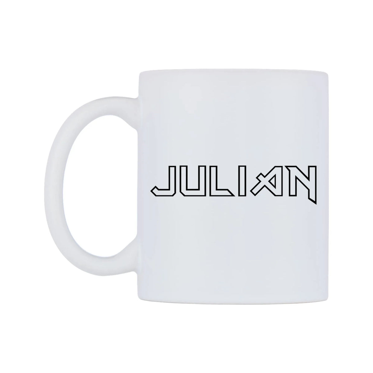 Julian - Iron Maiden Themed Mug — white 11oz gloss mug, right side, on a white background