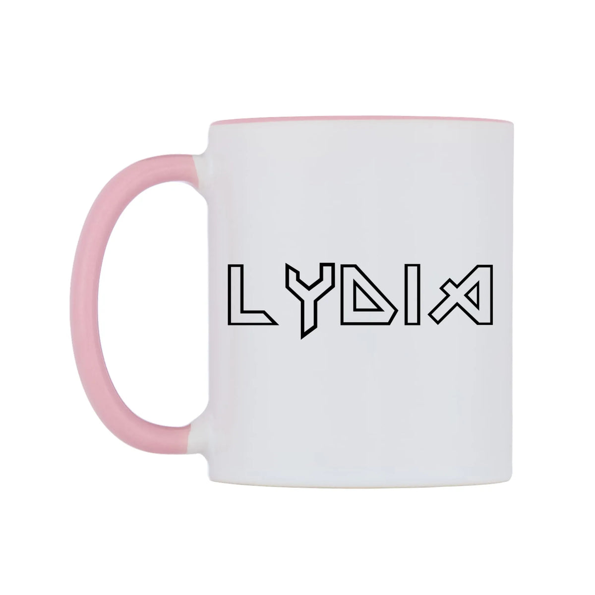 Lydia - Iron Maiden Themed Mug — white 11oz gloss mug with a pink inside and handle, right side, on a white background
