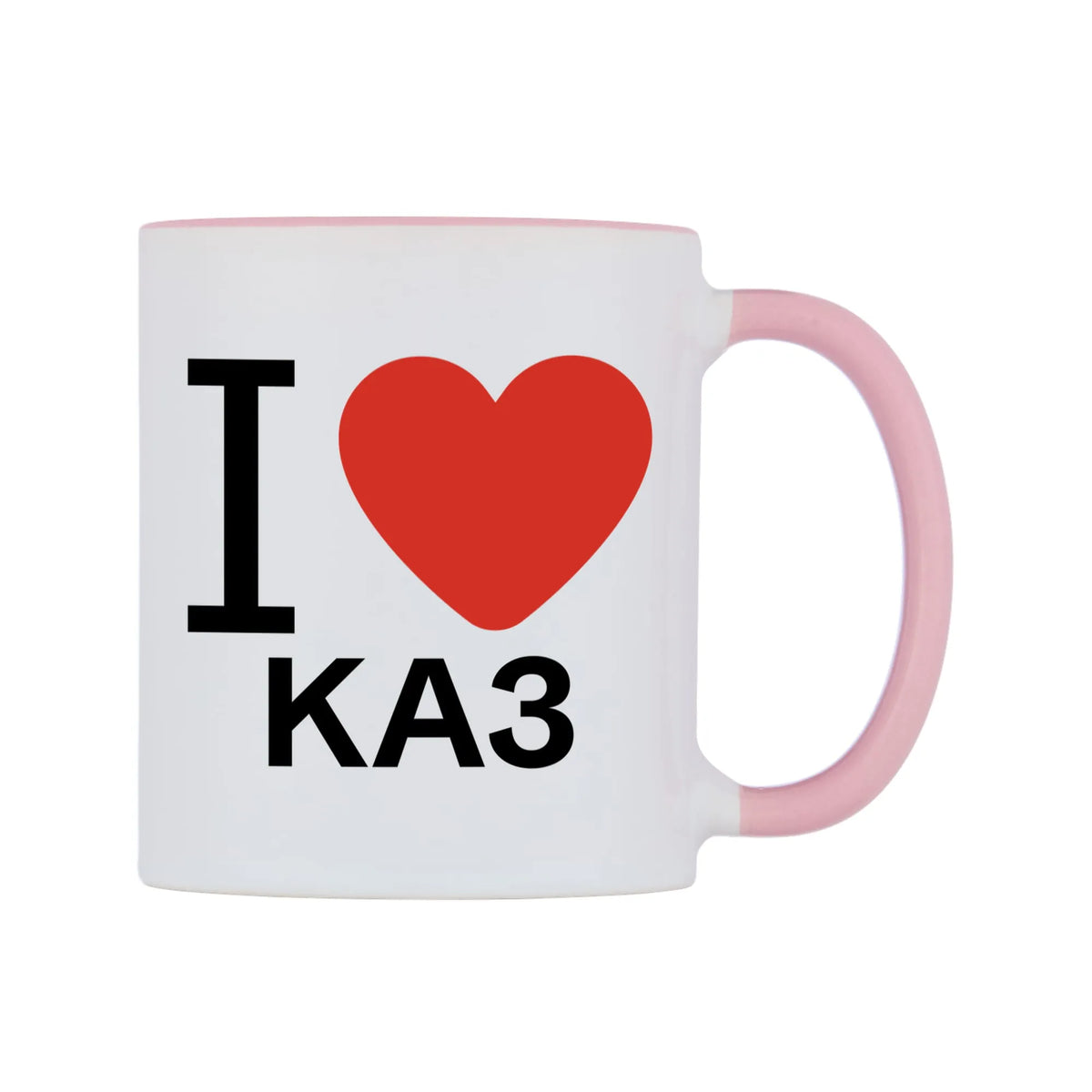 I Love KA3 Mug — white 11oz gloss mug with a pink inside and handle, left side, on a white background