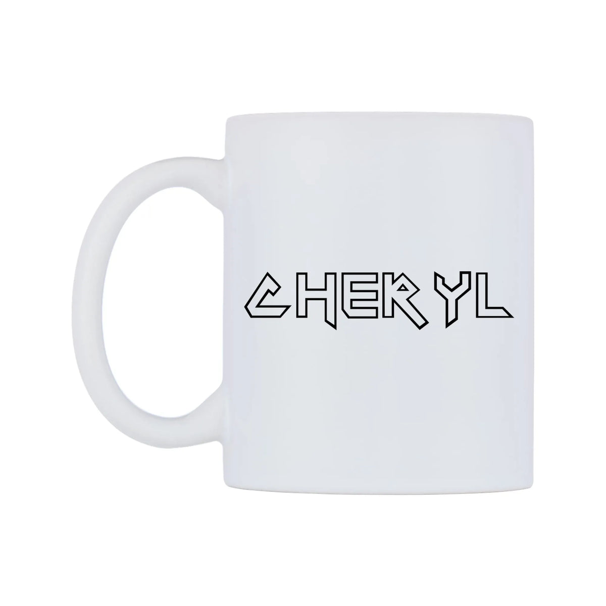 Cheryl - Iron Maiden Themed Mug — white 11oz gloss mug, right side, on a white background