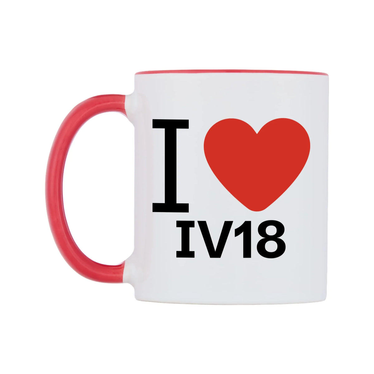 I Love IV18 Mug — white 11oz gloss mug with a red inside and handle, right side, on a white background