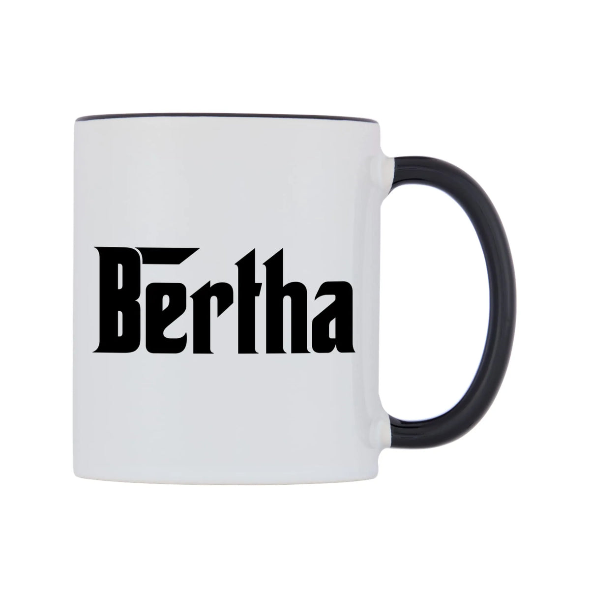 Bertha - Godfather Themed Mug — white 11oz gloss mug with a black inside and handle, left side, on a white background