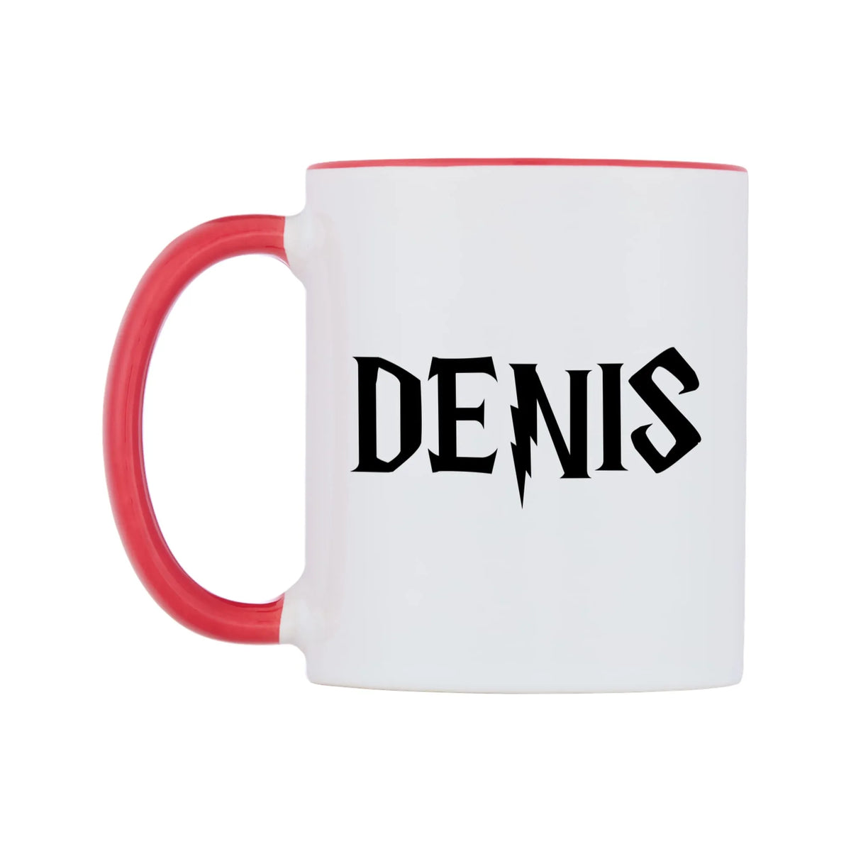 Denis - Wizard Themed Mug — white 11oz gloss mug with a red inside and handle, right side, on a white background