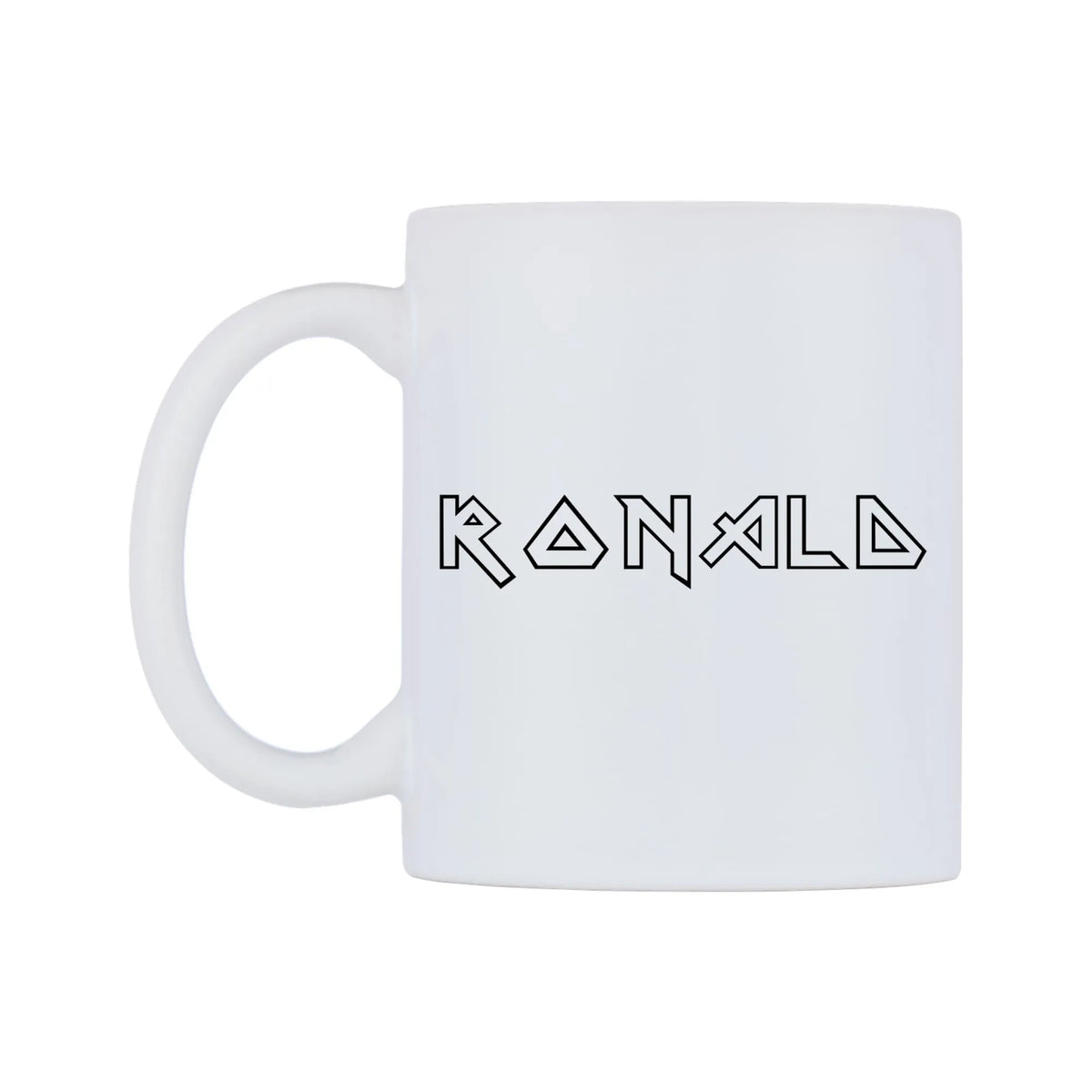 Ronald - Iron Maiden Themed Mug — white 11oz gloss mug, right side, on a white background