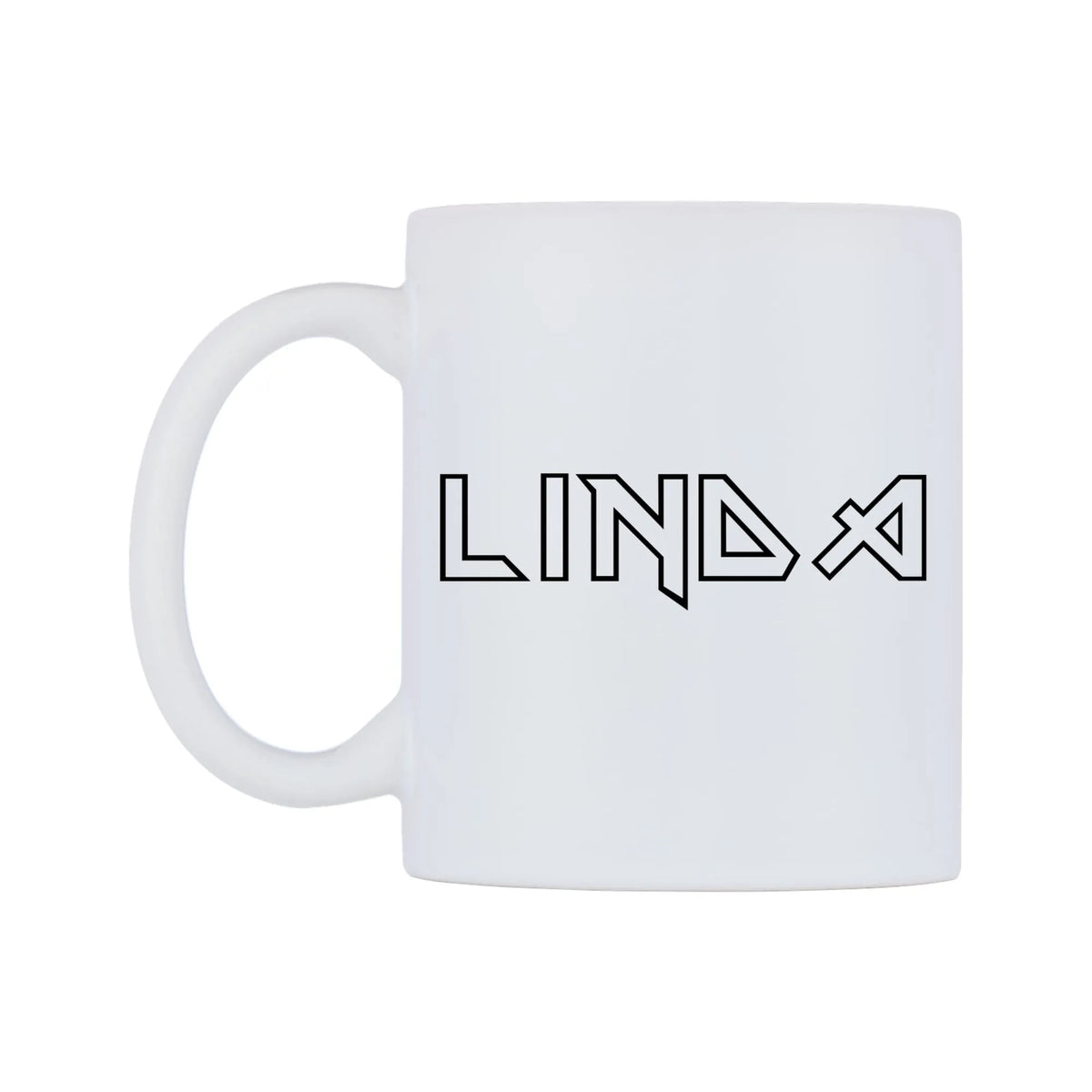 Linda - Iron Maiden Themed Mug — white 11oz gloss mug, right side, on a white background