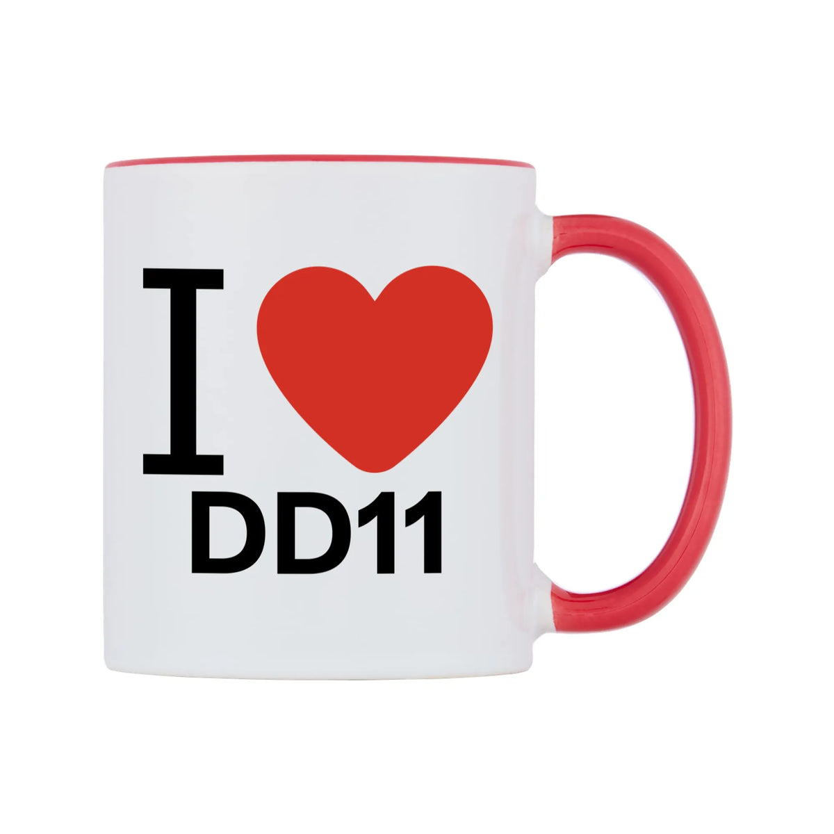 I Love DD11 Mug — white 11oz gloss mug with a red inside and handle, left side, on a white background