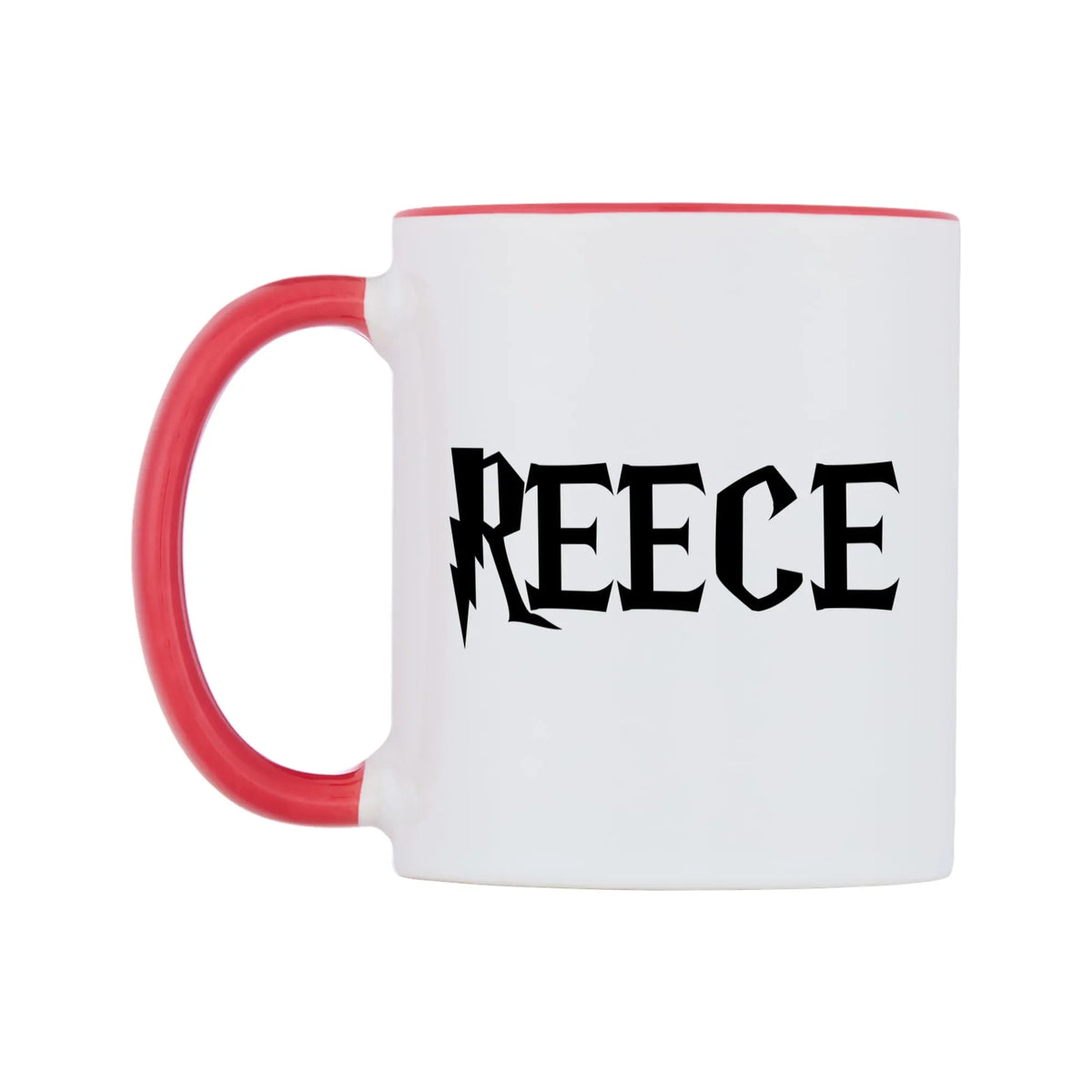 Reece - Wizard Themed Mug — white 11oz gloss mug with a red inside and handle, right side, on a white background