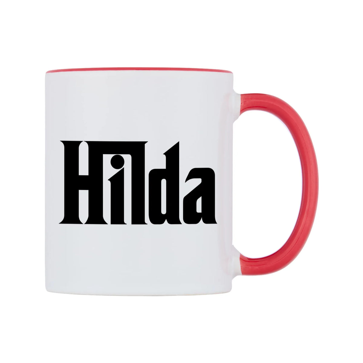 Hilda - Godfather Themed Mug — white 11oz gloss mug with a red inside and handle, left side, on a white background