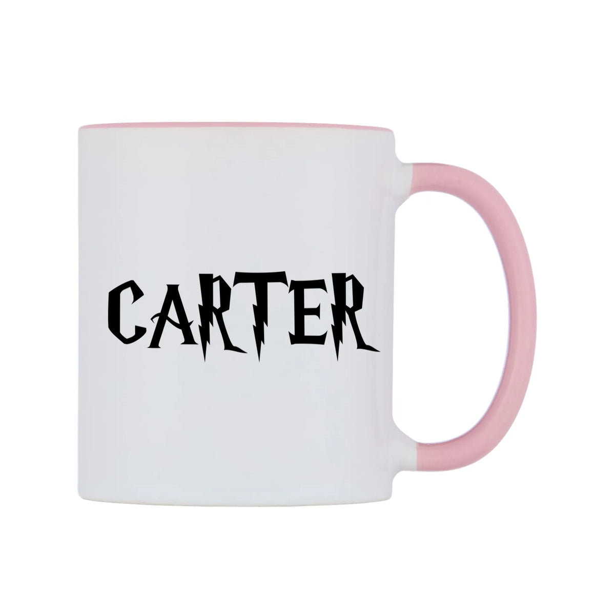 Carter - Wizard Themed Mug — white 11oz gloss mug with a pink inside and handle, left side, on a white background