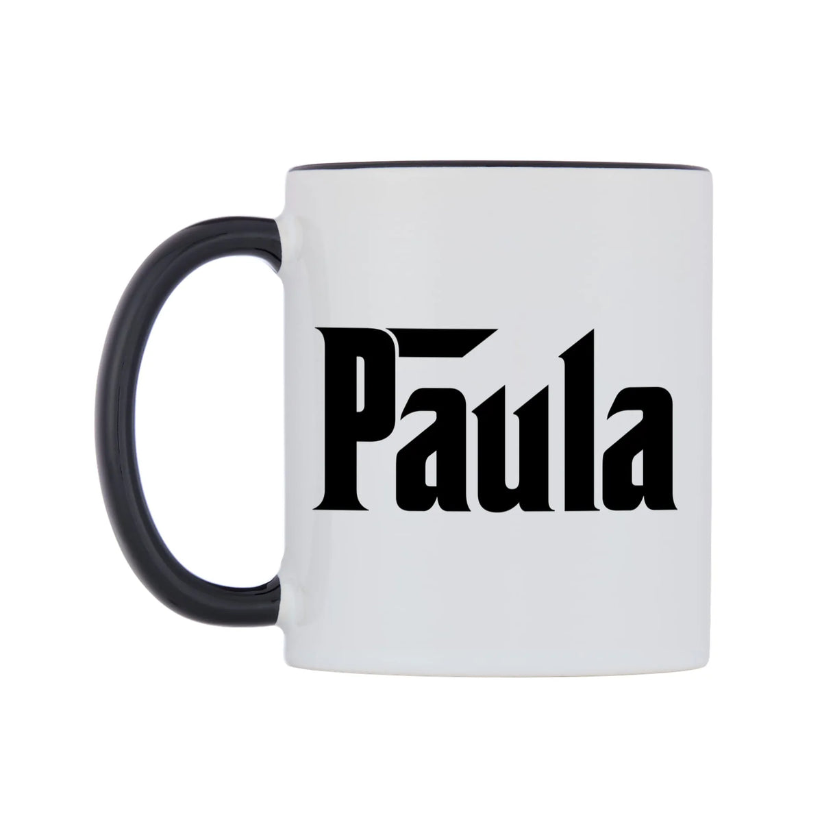 Paula - Godfather Themed Mug — white 11oz gloss mug with a black inside and handle, right side, on a white background