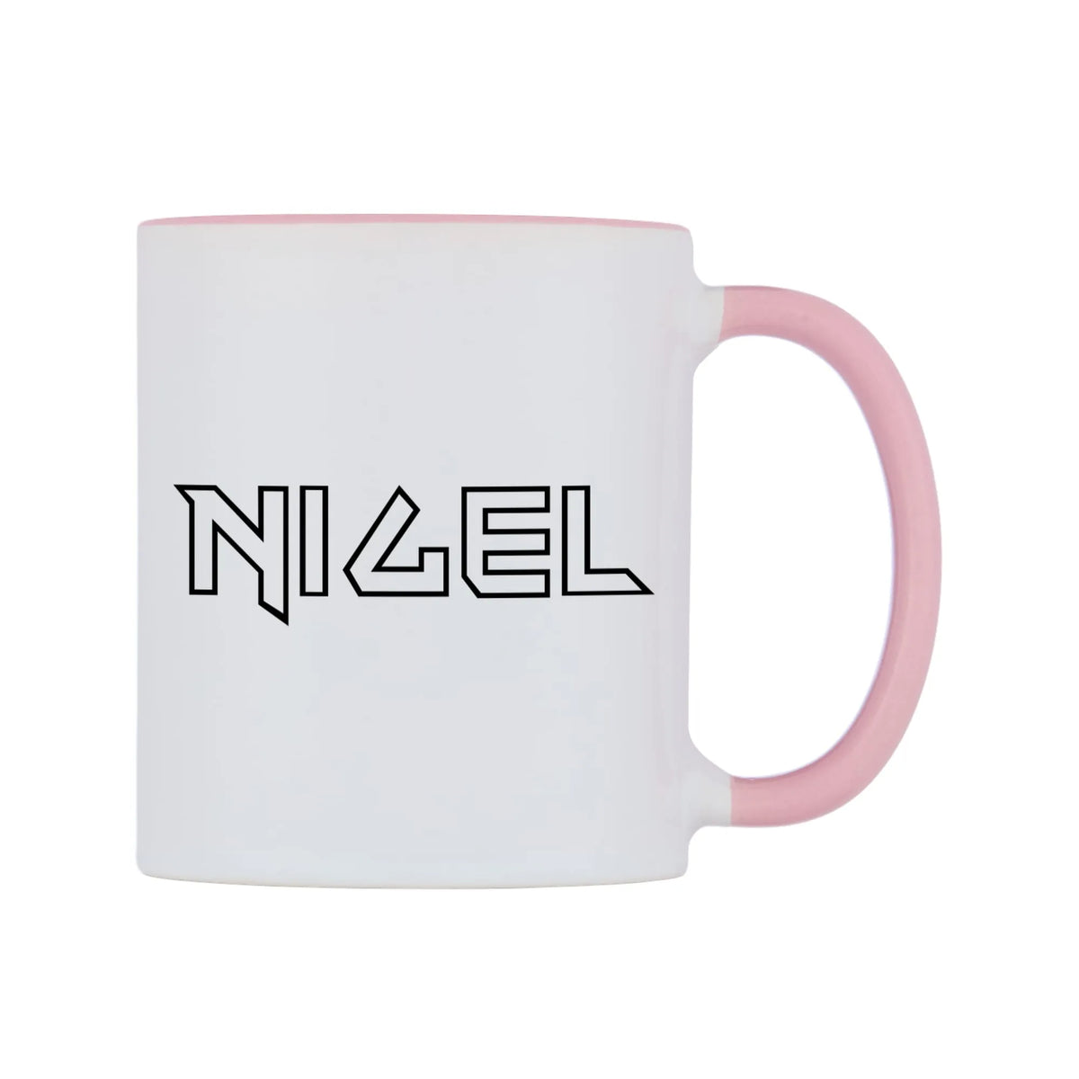 Nigel - Iron Maiden Themed Mug — white 11oz gloss mug with a pink inside and handle, left side, on a white background