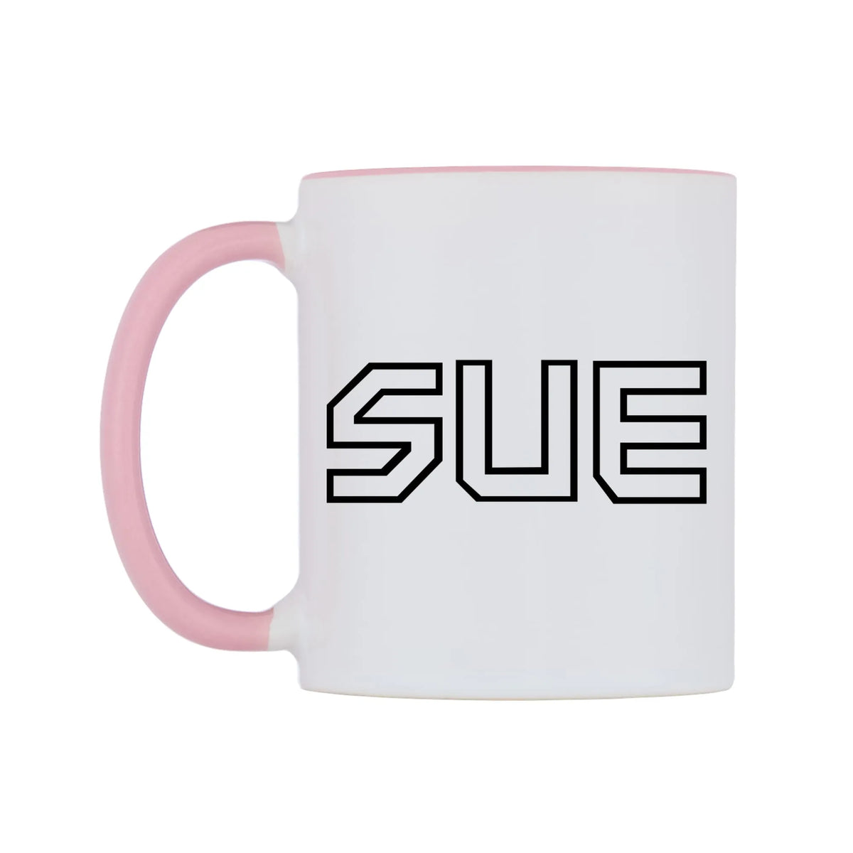Sue - Iron Maiden Themed Mug — white 11oz gloss mug with a pink inside and handle, right side, on a white background