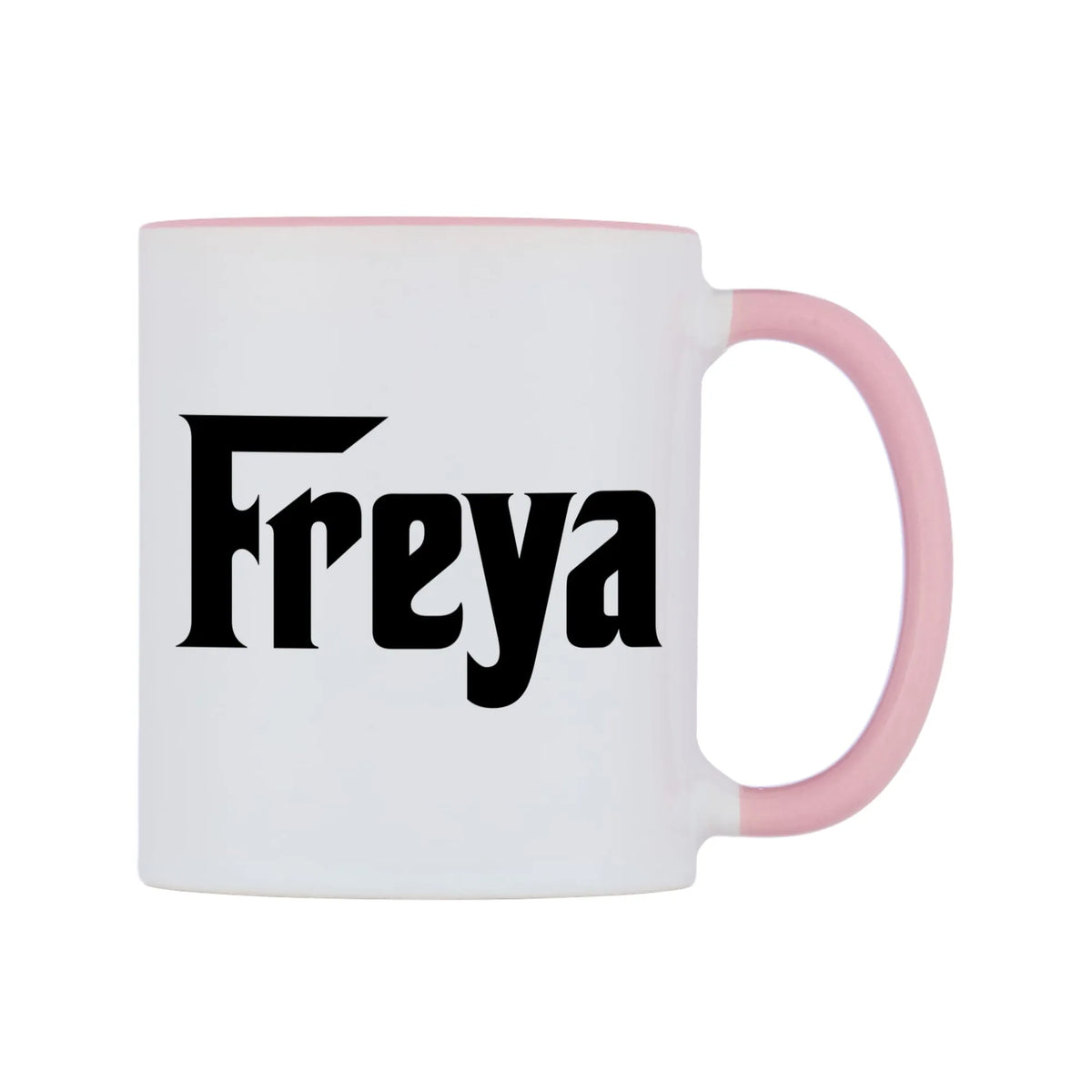 Freya - Godfather Themed Mug — white 11oz gloss mug with a pink inside and handle, left side, on a white background
