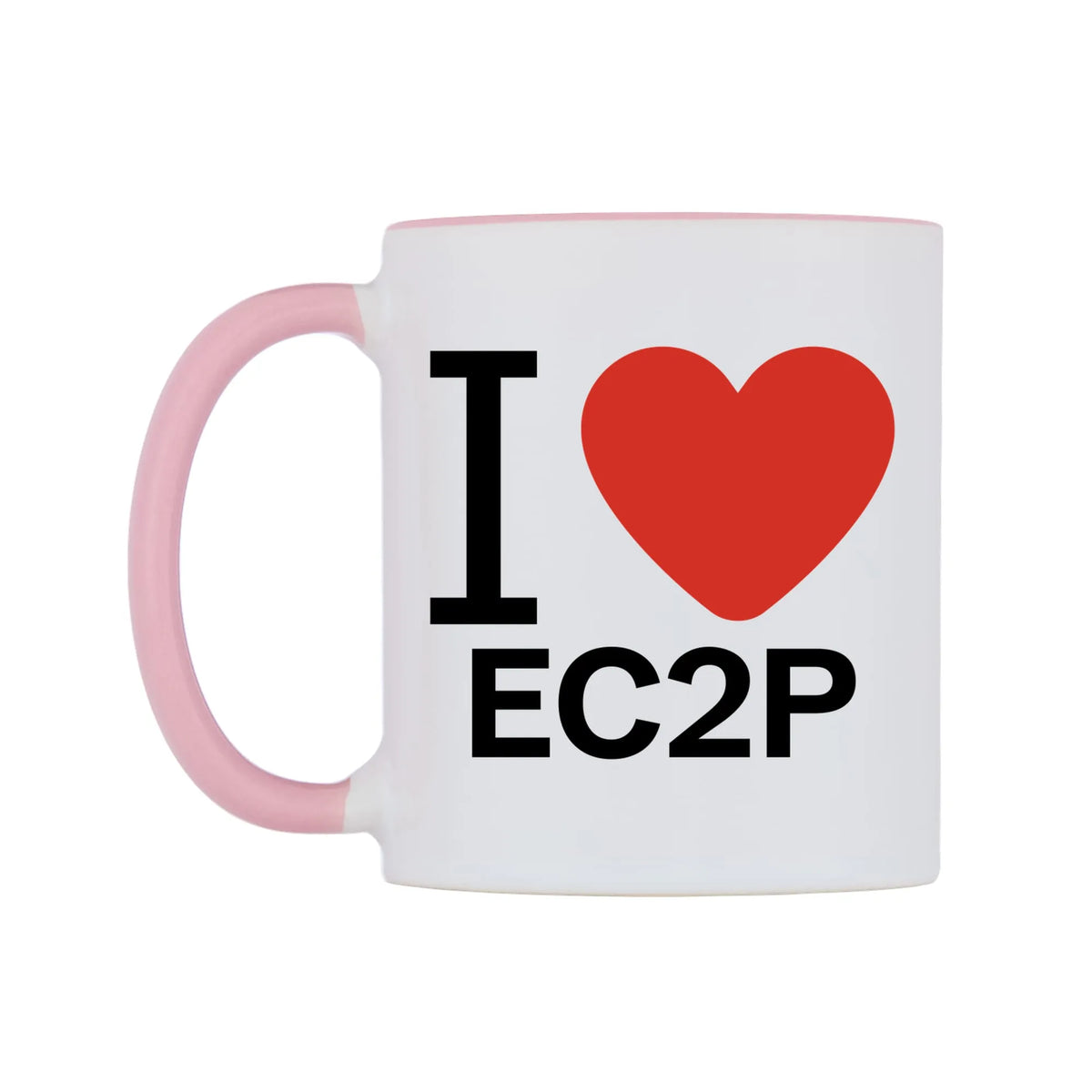 I Love EC2P Mug — white 11oz gloss mug with a pink inside and handle, right side, on a white background