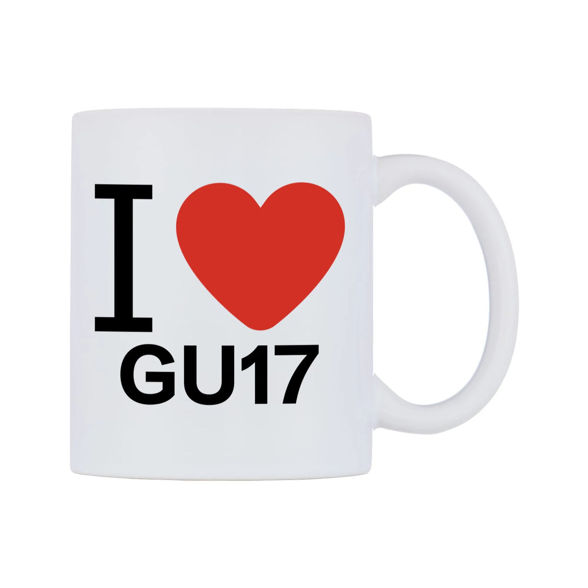 I Love GU17 Mug — white 11oz gloss mug, left side, on a white background
