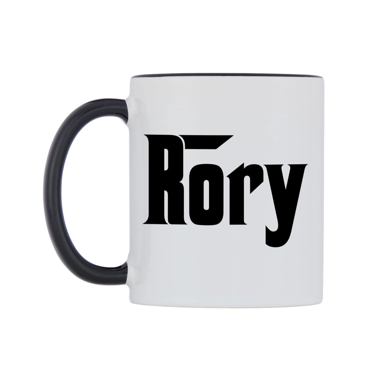 Rory - Godfather Themed Mug — white 11oz gloss mug with a black inside and handle, right side, on a white background