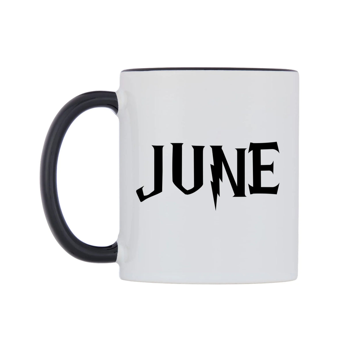 June - Wizard Themed Mug — white 11oz gloss mug with a black inside and handle, right side, on a white background